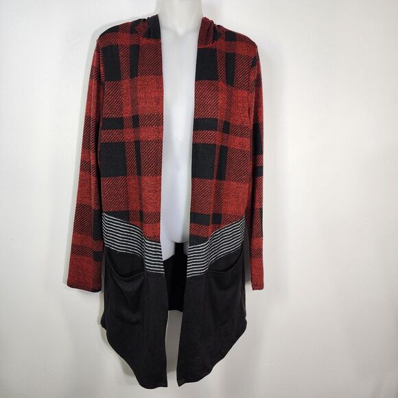 Maurices Womens Hooded Cardigan Medium Buffalo Plaid Block Drape Front Red Black - Picture 1 of 11